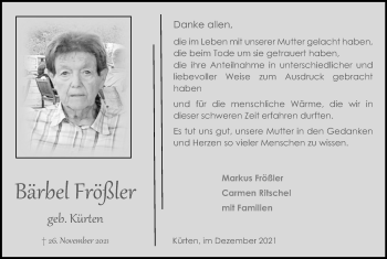 Anzeige von Bärbel Frößler von Kölner Stadt-Anzeiger / Kölnische Rundschau / Express