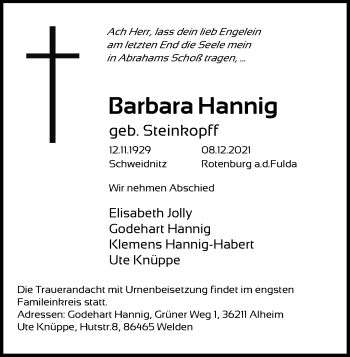 Anzeige von Barbara Hannig von Kölner Stadt-Anzeiger / Kölnische Rundschau / Express