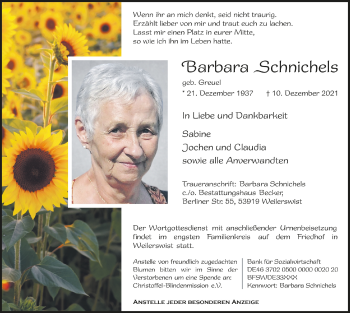 Anzeige von Barbara Schnichels von  Blickpunkt Euskirchen 