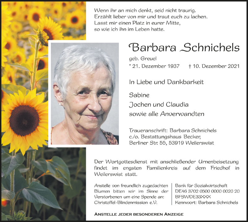  Traueranzeige für Barbara Schnichels vom 18.12.2021 aus  Blickpunkt Euskirchen 