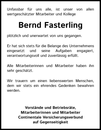 Anzeige von Bernd Fasterling von Kölner Stadt-Anzeiger / Kölnische Rundschau / Express