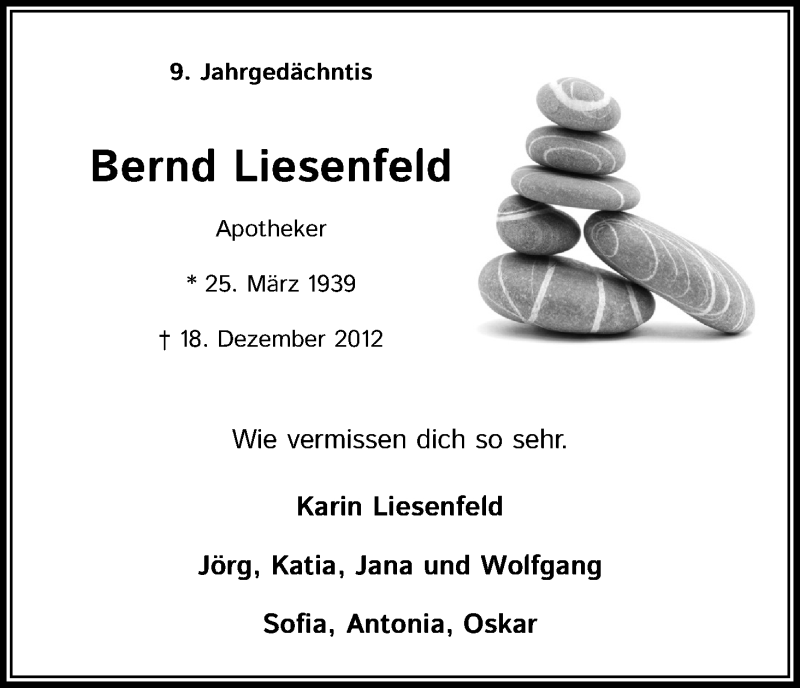  Traueranzeige für Bernd Liesenfeld vom 18.07.2023 aus Kölner Stadt-Anzeiger / Kölnische Rundschau / Express