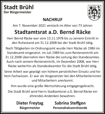 Anzeige von Bernd Räcke von  Schlossbote/Werbekurier 