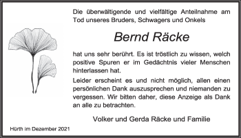 Anzeige von Bernd Räcke von  Wochenende 
