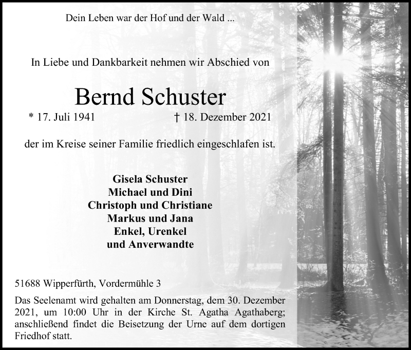  Traueranzeige für Bernd Schuster vom 22.12.2021 aus Kölner Stadt-Anzeiger / Kölnische Rundschau / Express