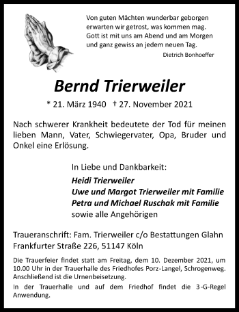 Anzeige von Bernd Trierweiler von  Kölner Wochenspiegel 