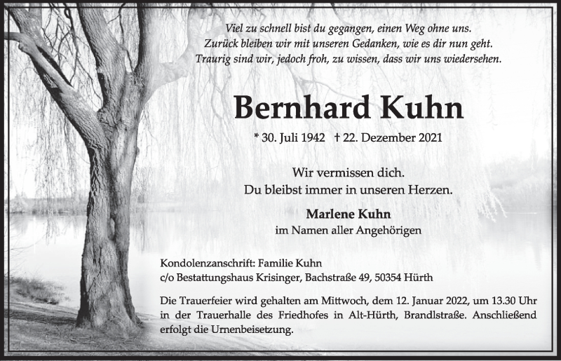  Traueranzeige für Bernhard Kuhn vom 01.01.2022 aus  Wochenende 