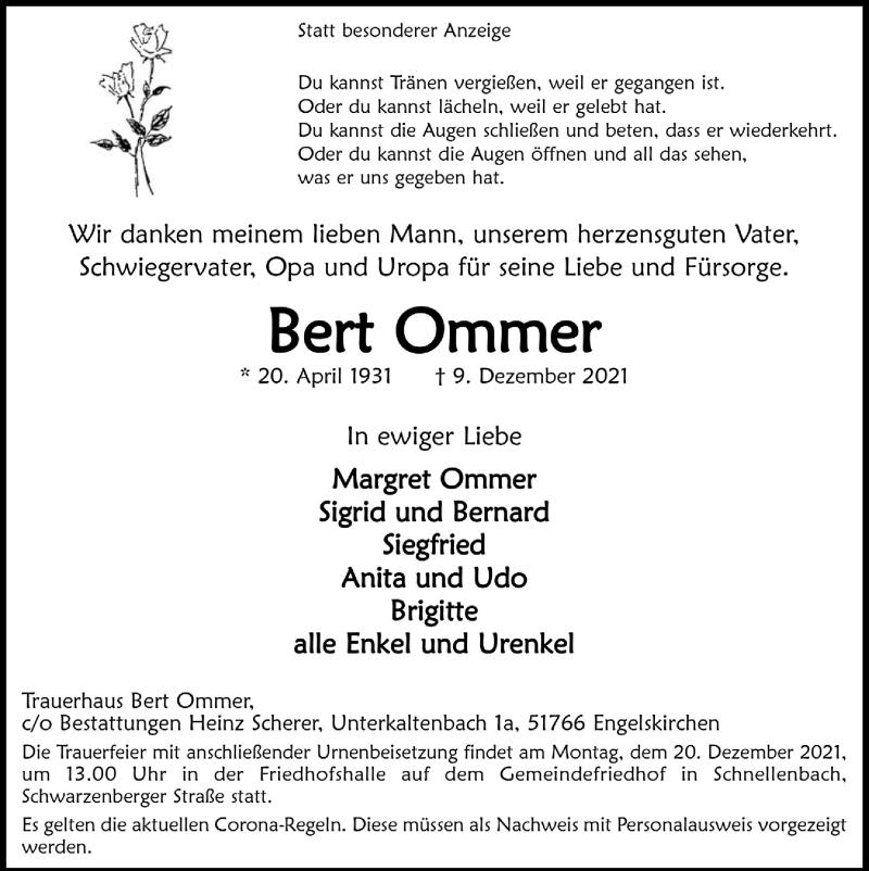 Traueranzeige für Bert Ommer vom 17.12.2021 aus  Anzeigen Echo 