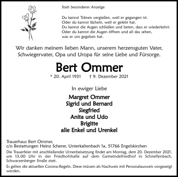 Anzeige von Bert Ommer von Kölner Stadt-Anzeiger / Kölnische Rundschau / Express