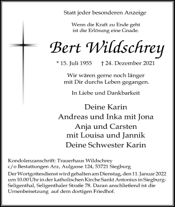 Anzeige von Bert Wildschrey von Kölner Stadt-Anzeiger / Kölnische Rundschau / Express