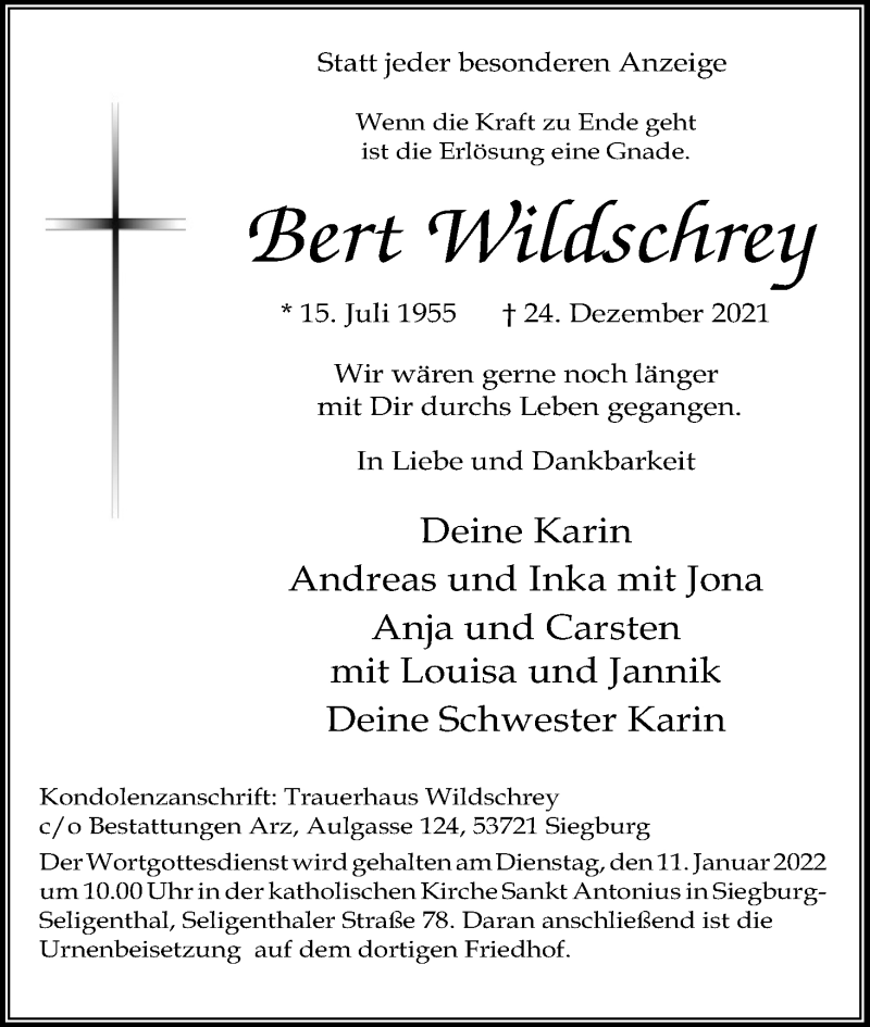 Traueranzeige für Bert Wildschrey vom 31.12.2021 aus Kölner Stadt-Anzeiger / Kölnische Rundschau / Express