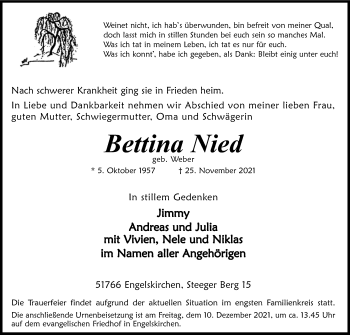 Anzeige von Bettina Nied von Kölner Stadt-Anzeiger / Kölnische Rundschau / Express