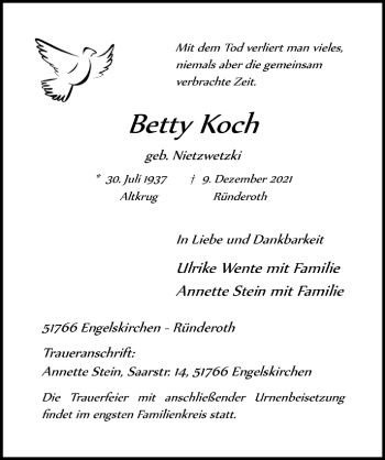 Anzeige von Betty Koch von  Anzeigen Echo 