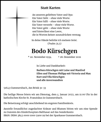 Anzeige von Bodo Kürschgen von Kölner Stadt-Anzeiger / Kölnische Rundschau / Express