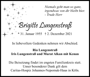 Anzeige von Brigitte Lungenstraß von Kölner Stadt-Anzeiger / Kölnische Rundschau / Express