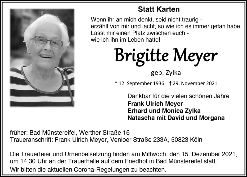  Traueranzeige für Brigitte Meyer vom 11.12.2021 aus  Blickpunkt Euskirchen 