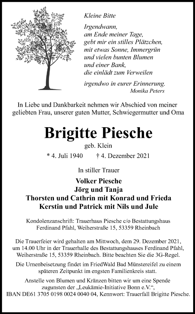  Traueranzeige für Brigitte Piesche vom 18.12.2021 aus Kölner Stadt-Anzeiger / Kölnische Rundschau / Express