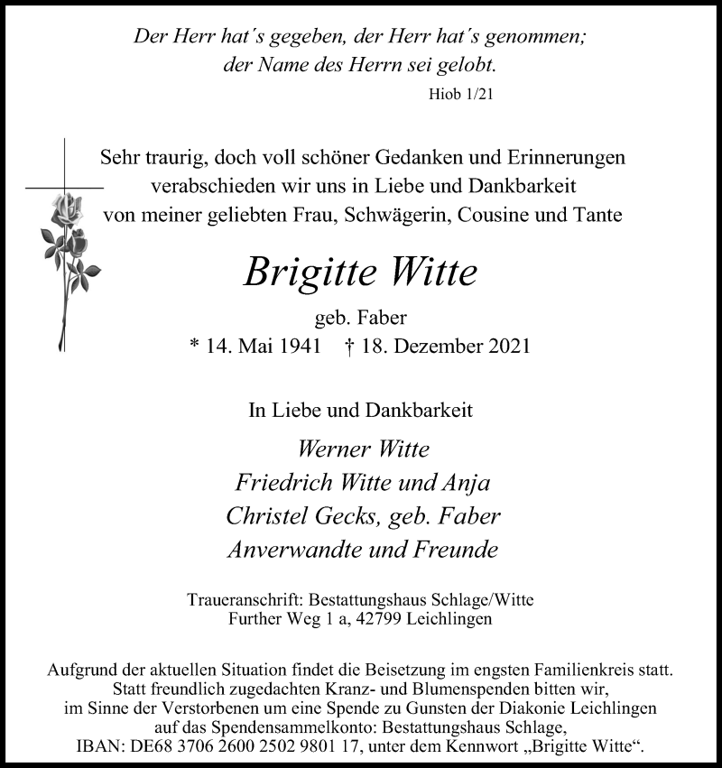  Traueranzeige für Brigitte Witte vom 29.12.2021 aus Kölner Stadt-Anzeiger / Kölnische Rundschau / Express
