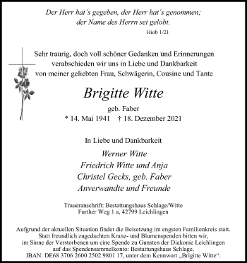 Anzeige von Brigitte Witte von Kölner Stadt-Anzeiger / Kölnische Rundschau / Express