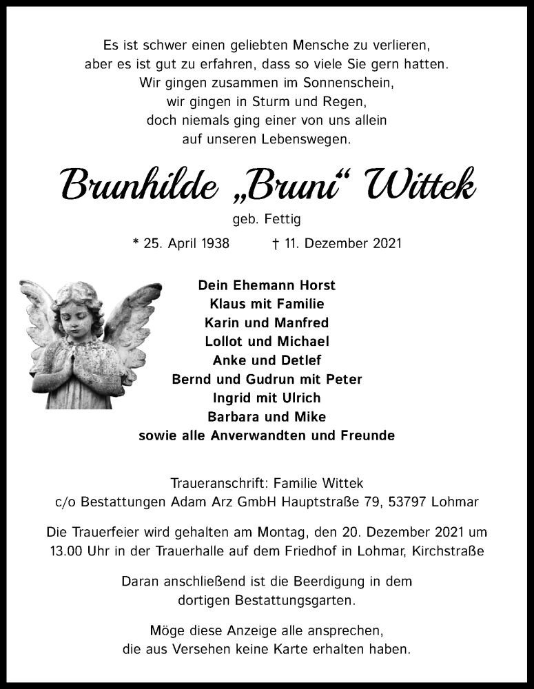  Traueranzeige für Brunhilde Wittek vom 18.12.2021 aus Kölner Stadt-Anzeiger / Kölnische Rundschau / Express