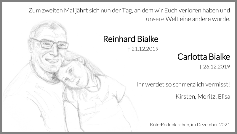  Traueranzeige für Carlotta Bialke vom 18.12.2021 aus Kölner Stadt-Anzeiger / Kölnische Rundschau / Express