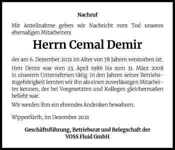 Anzeige von Cemal Demir von Kölner Stadt-Anzeiger / Kölnische Rundschau / Express