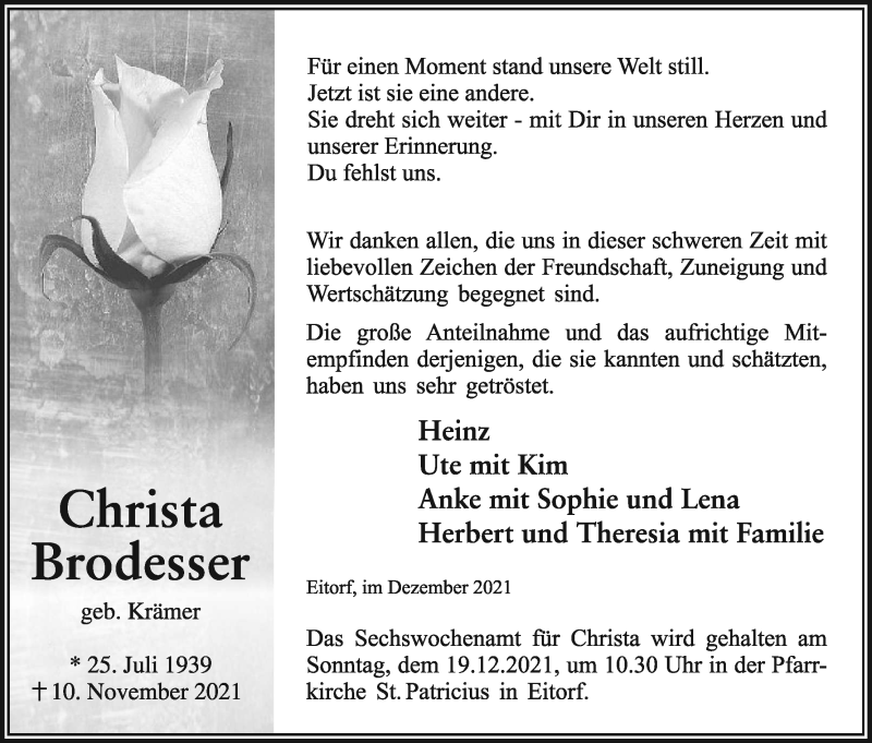  Traueranzeige für Christa Brodesser vom 11.12.2021 aus Kölner Stadt-Anzeiger / Kölnische Rundschau / Express