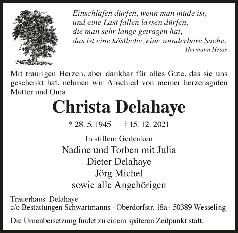  Traueranzeige für Christa Delahaye vom 27.12.2021 aus  Schlossbote/Werbekurier 