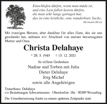 Anzeige von Christa Delahaye von  Schlossbote/Werbekurier 