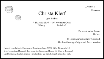 Anzeige von Christa Klerf von Kölner Stadt-Anzeiger / Kölnische Rundschau / Express