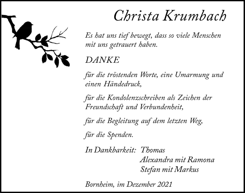  Traueranzeige für Christa Krumbach vom 01.01.2022 aus  Schlossbote/Werbekurier 