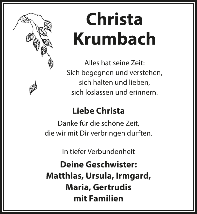  Traueranzeige für Christa Krumbach vom 17.12.2021 aus  Schlossbote/Werbekurier 