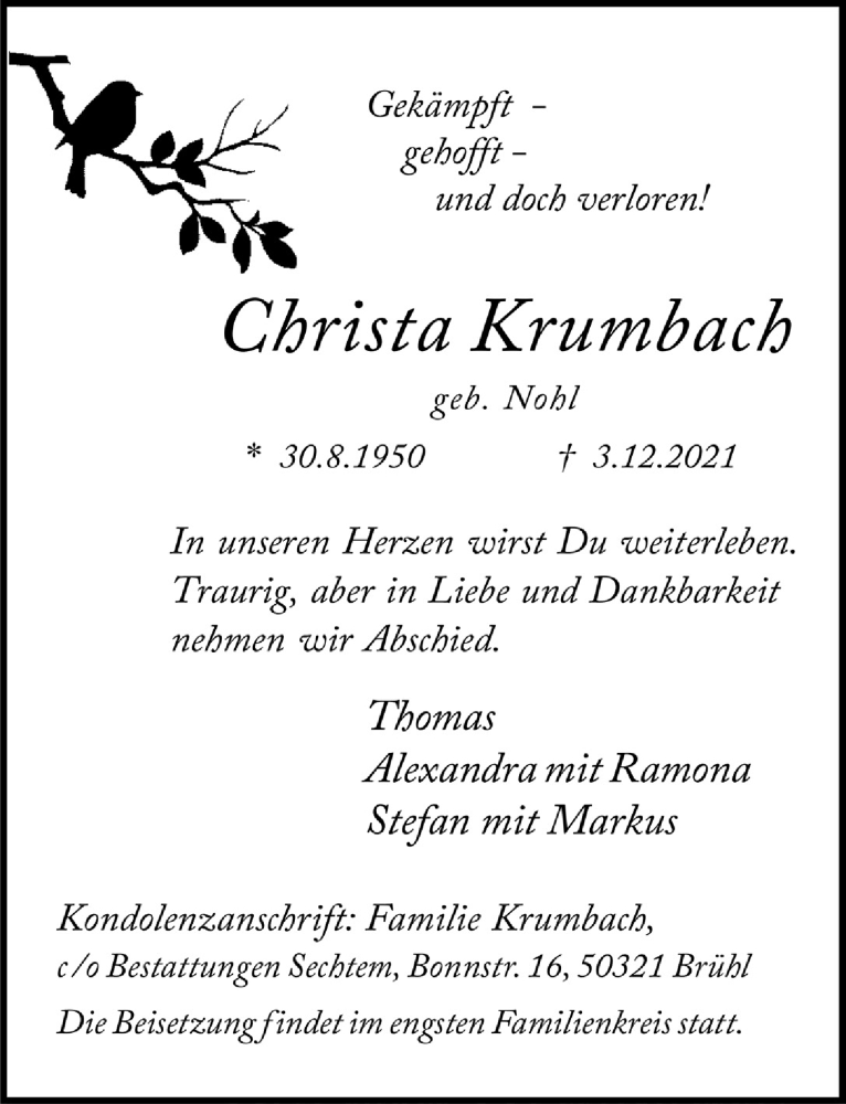  Traueranzeige für Christa Krumbach vom 10.12.2021 aus  Schlossbote/Werbekurier 