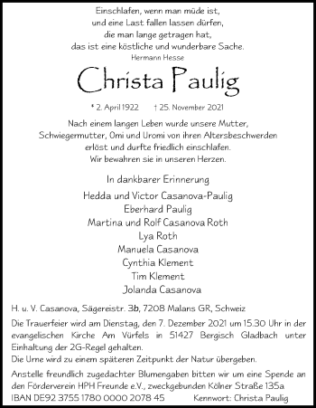 Anzeige von Christa Paulig von Kölner Stadt-Anzeiger / Kölnische Rundschau / Express
