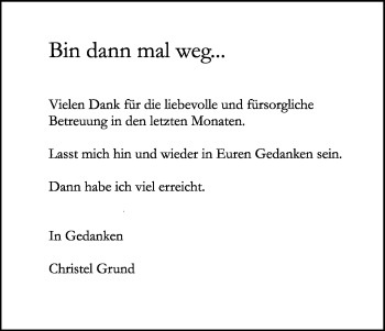 Anzeige von Christel Grund von Kölner Stadt-Anzeiger / Kölnische Rundschau / Express