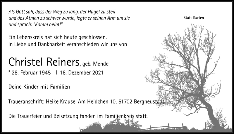  Traueranzeige für Christel Reiners vom 27.12.2021 aus  Anzeigen Echo 