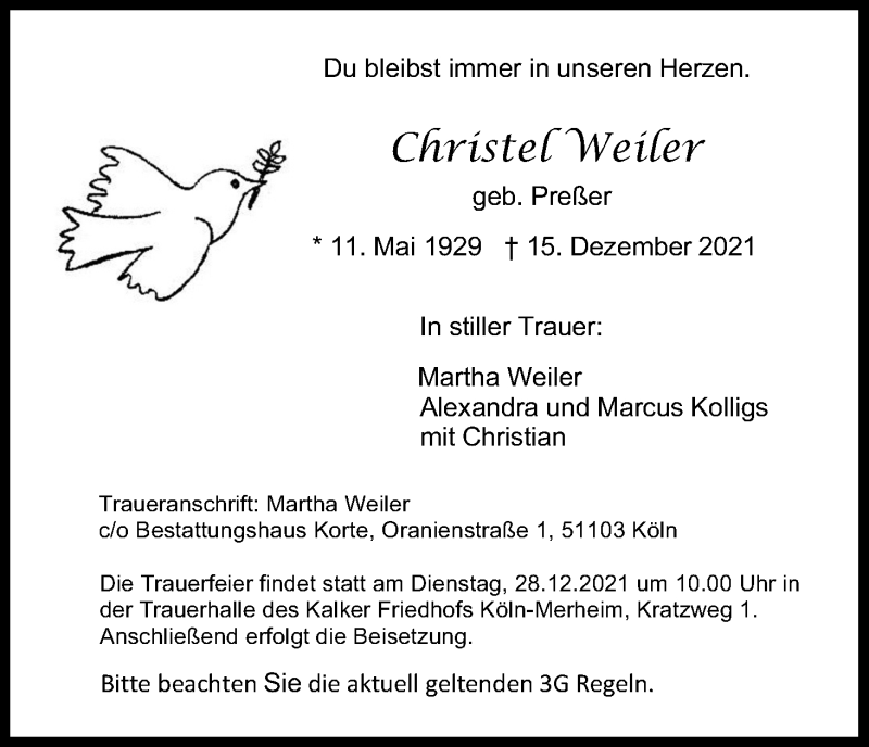  Traueranzeige für Christel Weiler vom 24.12.2021 aus Kölner Stadt-Anzeiger / Kölnische Rundschau / Express