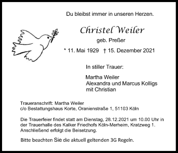 Anzeige von Christel Weiler von Kölner Stadt-Anzeiger / Kölnische Rundschau / Express