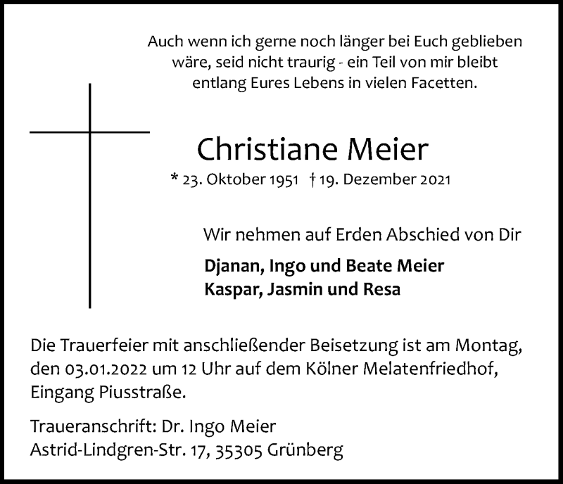  Traueranzeige für Christiane Meier vom 24.12.2021 aus Kölner Stadt-Anzeiger / Kölnische Rundschau / Express