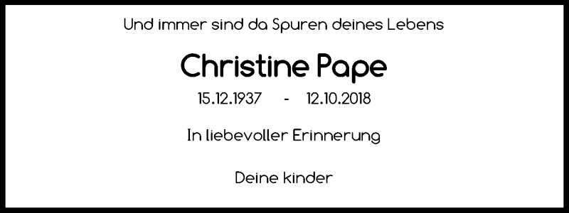  Traueranzeige für Christine Pape vom 15.12.2021 aus Kölner Stadt-Anzeiger / Kölnische Rundschau / Express