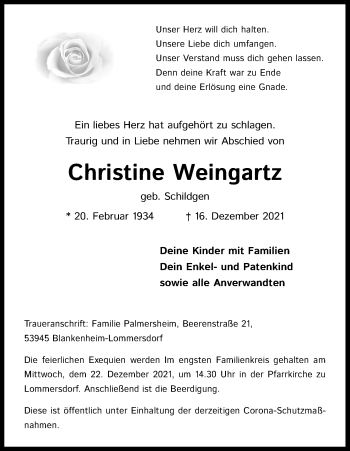 Anzeige von Christine Weingartz von Kölner Stadt-Anzeiger / Kölnische Rundschau / Express
