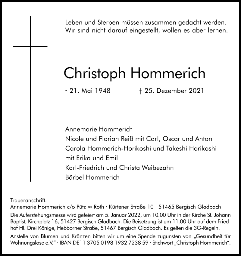  Traueranzeige für Christoph Hommerich vom 31.12.2021 aus Kölner Stadt-Anzeiger / Kölnische Rundschau / Express