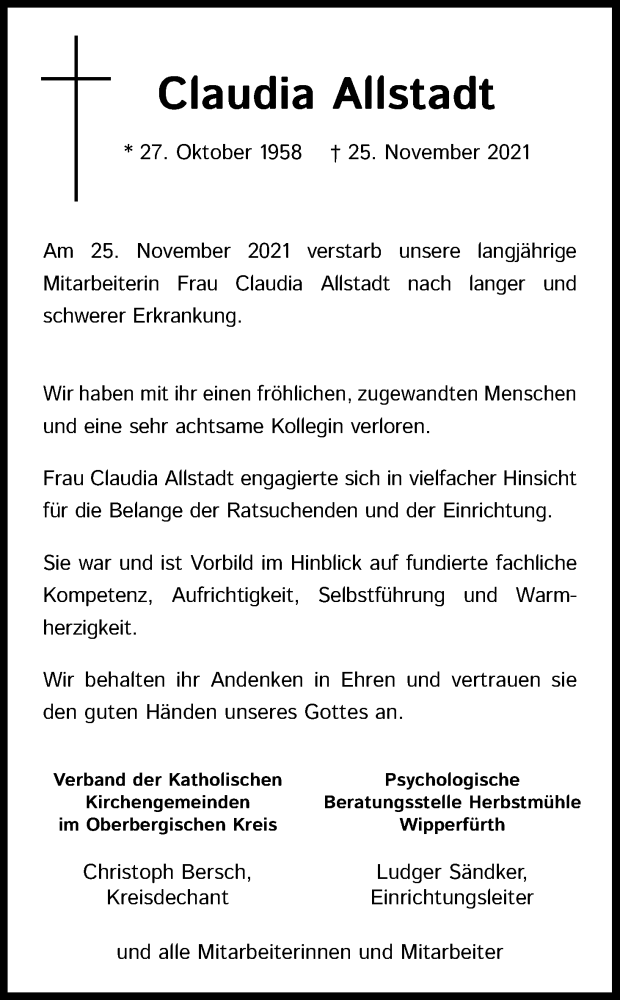  Traueranzeige für Claudia Allstadt vom 18.12.2021 aus Kölner Stadt-Anzeiger / Kölnische Rundschau / Express