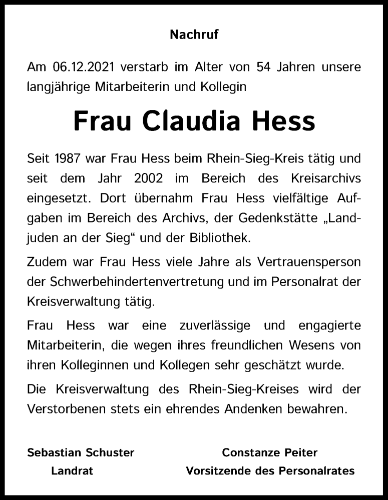  Traueranzeige für Claudia Hess vom 24.12.2021 aus Kölner Stadt-Anzeiger / Kölnische Rundschau / Express
