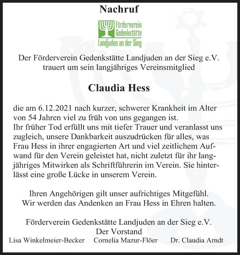  Traueranzeige für Claudia Hess vom 11.12.2021 aus Kölner Stadt-Anzeiger / Kölnische Rundschau / Express