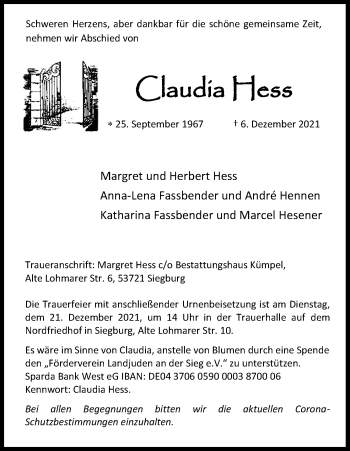 Anzeige von Claudia Hess von Kölner Stadt-Anzeiger / Kölnische Rundschau / Express