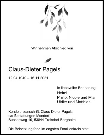 Anzeige von Claus-Dieter Pagels von Kölner Stadt-Anzeiger / Kölnische Rundschau / Express
