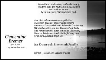 Anzeige von Clementine Bremer von Kölner Stadt-Anzeiger / Kölnische Rundschau / Express