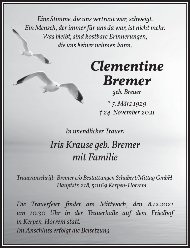  Traueranzeige für Clementine Bremer vom 03.12.2021 aus  Werbepost 