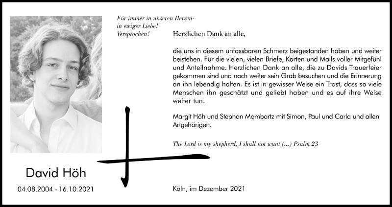  Traueranzeige für David Höh vom 04.12.2021 aus Kölner Stadt-Anzeiger / Kölnische Rundschau / Express